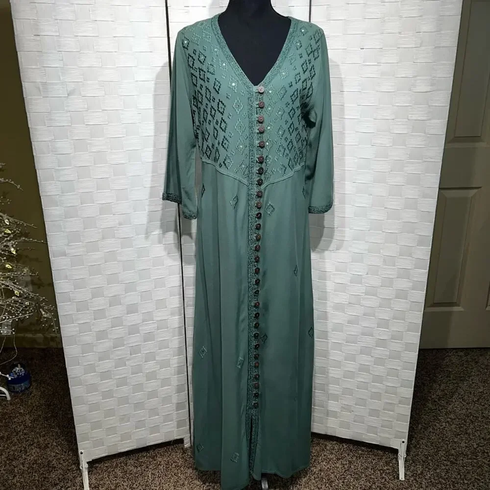 Soft Surroundings Womens Embroidered Sequin Kaftan Maxi Dress Size Small Green - Picture 1 of 11
